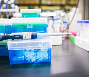 A mechanical pipette placed on a semi transparent container with syringe protectors