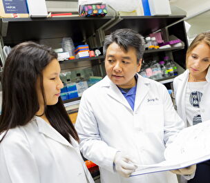 An experienced scientist explains a project to two others